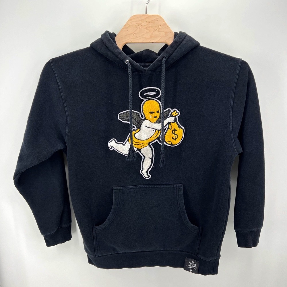 Hasta Muerte Hoodie Mens Med. Black Streetwear Angel Money Bag Chenille Patch